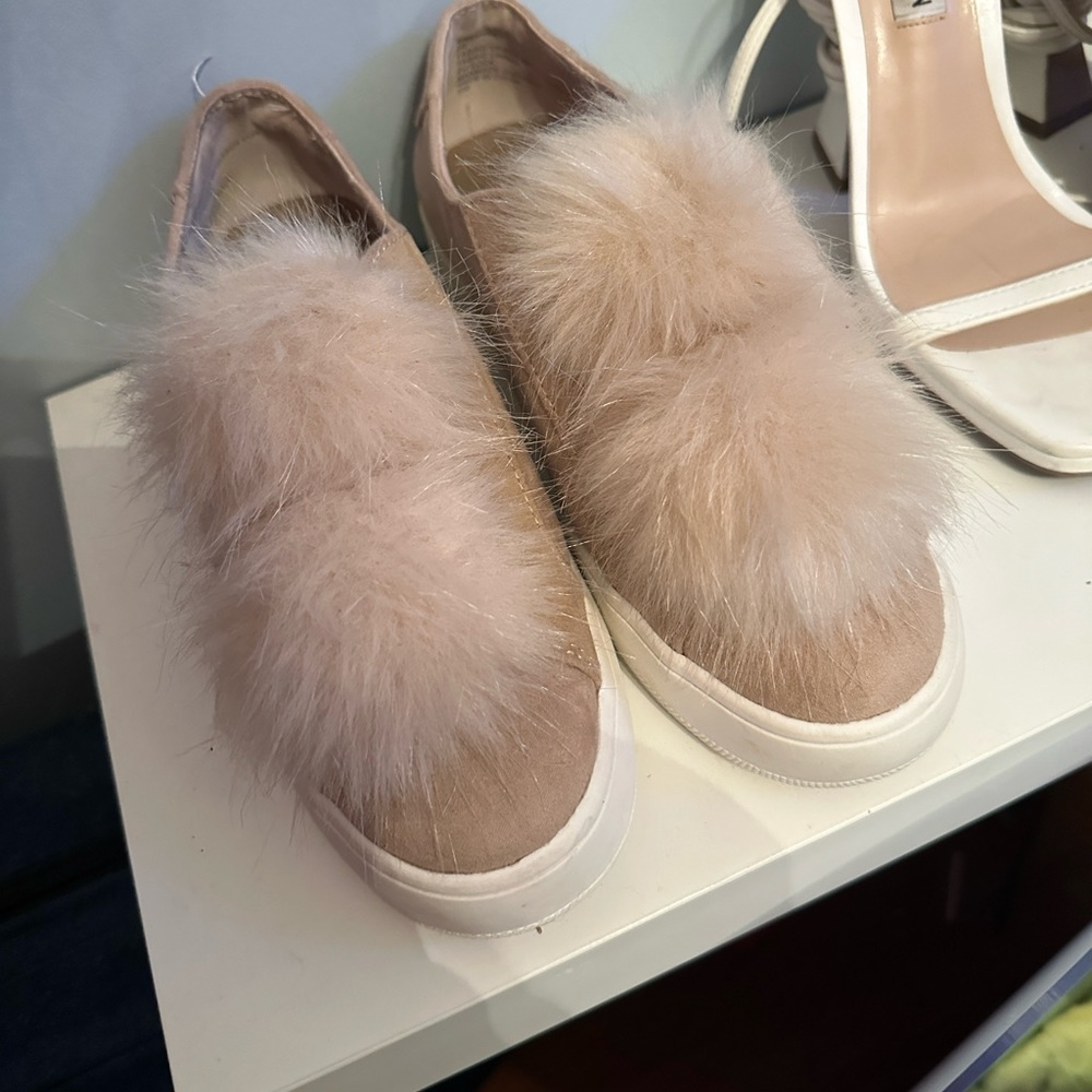 Steve Madden Pompom Beige Slip On Platform Sneakers